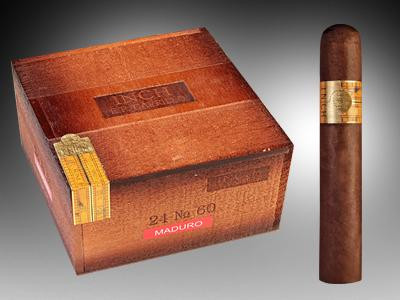 E.P Carrillo Cigars Inch Maduro No.60 Cigars 24 Ct. Box, wooden cigar box with E.P Carrillo branding next to a single Maduro No.60 cigar with a gold and black band.