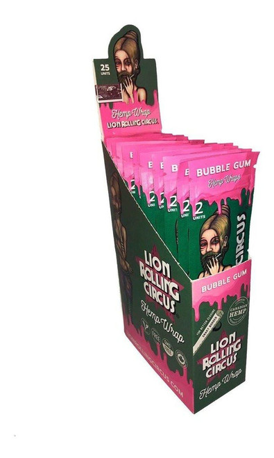 Lion Rolling Circus Hemp Wraps Bubble Gum 25/2, display box containing 25 packs of pink bubble gum-flavored hemp wraps with colorful branding and cartoon artwork.