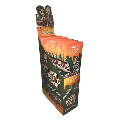 Lion Rolling Circus Hemp Wraps Mango, product display showing a box of 25 mango-flavored hemp wraps with colorful, tattoo-style artwork of characters on the packaging.