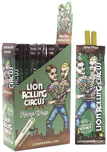 Lion Rolling Circus Hemp Wraps Chocolate 25/2, product packaging display with illustrated tattooed characters and hemp wraps inside a box.