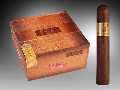 E.P Carrillo Cigars Inch Maduro Cigars No.64 24 Ct. Box, image of a wooden box with the cigar brand name and a single cigar standing upright beside it.