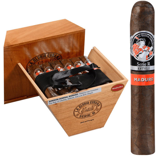 La Gloria Cubana Cigars Serie R Esteli Maduro No. Sixty-Four 18 Ct. Box 6.25X64, wooden cigar box with unopened cigars inside and a single Maduro cigar standing outside with band, detailed packaging.