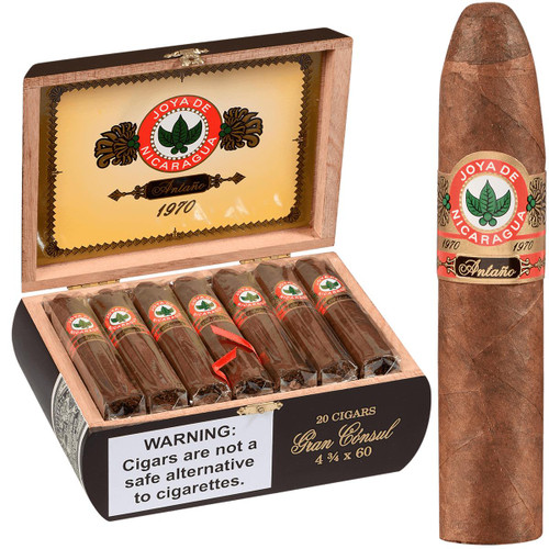 Joya De Nicaragua Cigars Antano Gran Consul 20 Ct. Box 4.75X60, open wooden box containing 20 cigars with cherry labels, and one cigar standing upright beside the box.