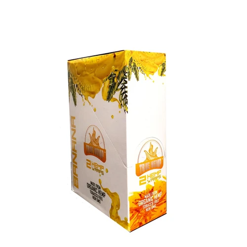 True Hemp Wraps Banana 25/2, packaging box featuring tropical leaf and banana imagery, made from organic hemp, tobacco-free, non-GMO.