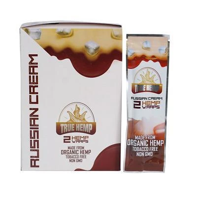 True Hemp Wraps Russian Cream 25/2, product packaging with a box and a single hemp wrap packet featuring branding and flavor design.