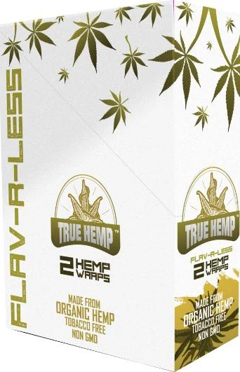 True Hemp Organic Wraps, Flavored Less 25/2 packaging with hemp leaf design.