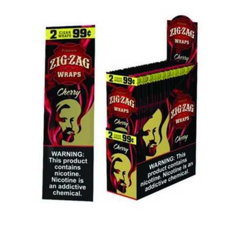 Zig Zag Wraps Cherry, packaging of Zig Zag Cherry flavored rolling wraps with a display box and individual pack shown.