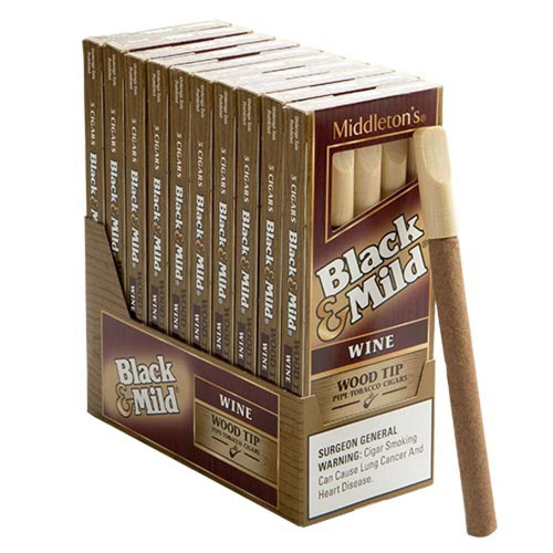 John Middleton Black & Mild Wood Tip Wine Cigars Pack, featuring cigarillos with wooden tips in a packaging box.
