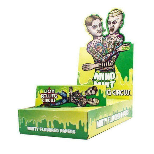 Lion Rolling Circus 1 1/4" Mind Mint Rolling Papers, colorful packaging with tattooed cartoon characters and green mint flavor branding.