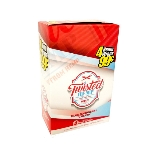 Twisted Wraps Twisted Hemp Wraps Blue Raspberry Cherry 15 Pouches of 4, product packaging showing a box of hemp wraps with red, white, and blue design and promotional price of 99 cents for 4 wraps.