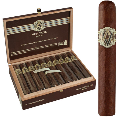 AVO Cigars Heritage Special Toro Grande 20 Ct. Box, a wooden cigar box containing twenty premium cigars with gold-embossed labels and an open lid displaying the cigars inside.
