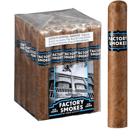Factory Smokes Cigars Sungrown Gordito 25 Ct. Bundle 6.00x60, cigars with a brown sun-grown wrapper, displayed in a clear plastic bundle with black and blue labeling and a warning label on top.