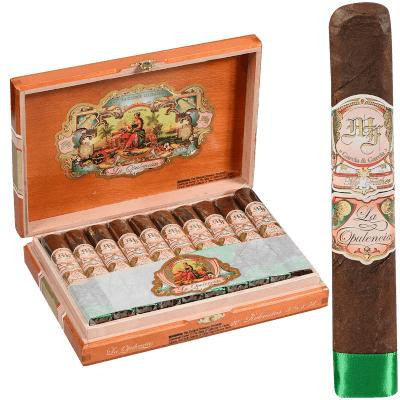 My Father Cigars La Opulencia Robusto 20 Ct. Box, open wooden cigar box with multiple cigars inside and a single cigar standing next to the box.