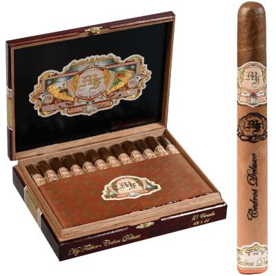 My Father Cigars Cedros Deluxe Cervantes 23 Ct. Box, opened wooden cigar box with cigars inside and single cigar displayed outside.