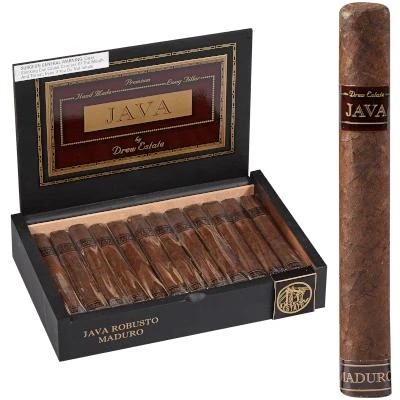 Drew Estate Java Cigars By Drew State Maduro Robusto 24 Ct. Box, an open black box displaying row of cigars with a single cigar shown upright beside the box.