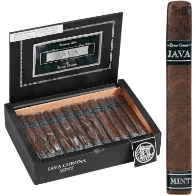 Drew Estate Java Cigars Mint Corona 24 Ct. Box, opened with cigars inside and one cigar outside the box, showcasing the packaging and product detail.