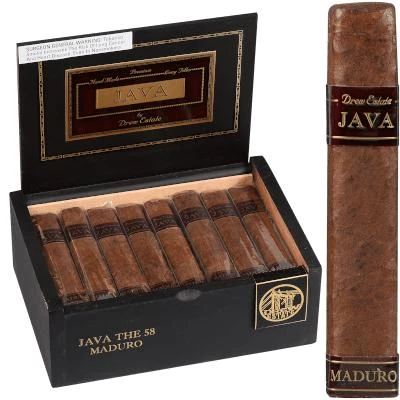 Drew Estate Java By Drew State Cigars Maduro The 58 24 Ct. Box, a black open cigar box containing 24 cigars with a sleek design, and one single Maduro cigar standing upright outside the box.