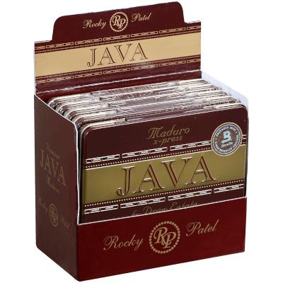 Drew Estate Java By Drew State Cigars Maduro X-Press 5/10 Tins, display box of cigars with Java branding and Maduro X-Press label.