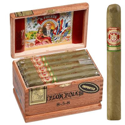 Arturo Fuente Cigars 8-5-8 Anniversary Claro Cabinet 25 Ct. Box, open wooden cigar box with 25 cigars inside and one cigar standing outside the box.