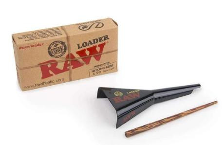 RAW Loader King Size 98 Special, black herbal cigarette roller with a wooden stick for rolling.