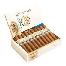 Alec Bradley Cigars Project 40 Robusto 24Ct. Box, an open box displaying 24 cigars with brown wrappers, blue and white bands, and a white interior with product branding on the lid.