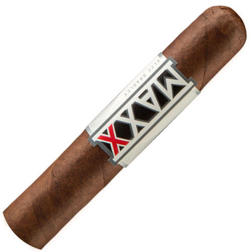 Alec Bradley Cigars MAXX Fixx 20Ct. Box, a single cigar with a brown wrapper and a silver, black, and red band.