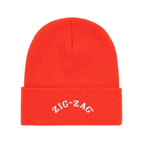 Zig Zag Beanie Cap, bright orange knitted winter hat with white embroidered Zig Zag logo on the fold