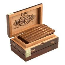 1502 Cigars Ruby Corona Box Pressed 20Ct, image of an open wooden cigar box containing 20 cigars with branding and logo on the lid.