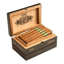 1502 Cigars Emerald Corona Box Pressed 25Ct, open wooden cigar box displaying 25 pressed cigars inside.