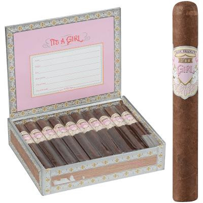 Alec Bradley Cigars It's A Girl Toro 20 Ct. Box, featuring a decorative box with pink and gold accents, containing twenty cigars with a pink and white label, and a single cigar with the same label standing next to the box.
