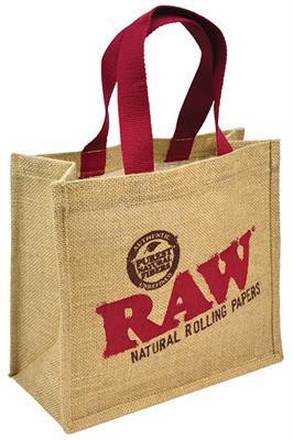 RAW Burlap Bag, a natural jute material shopping bag with red handles and RAW logo printed on the front.