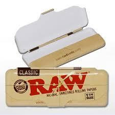 RAW Paper Mini Tin 1 1/4, open and closed storage case for rolling papers with RAW logo and classic design.