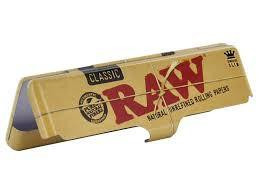 RAW Paper Tin King Size, image of vintage-style RAW rolling paper tin in gold color with red and black branding