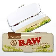 RAW Paper Tin Stainless for 300s, opened metal cigarette rolling paper tin with RAW branding and green grass design