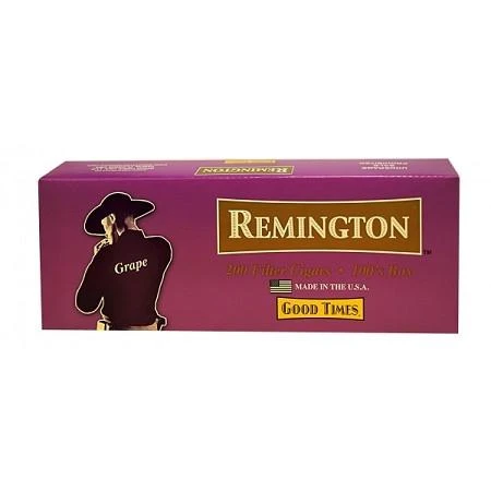 Remington Filtered Cigars Grape, purple box with a silhouette of a woman in a hat and the product name in gold lettering.
