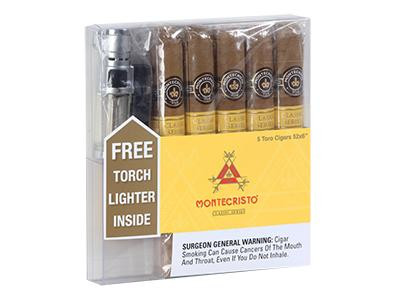 Montecristo Cigar Classic With Torch Lighter 5 Ct. Box, packaged set of five Montecristo cigars with a free torch lighter inside a clear plastic box.