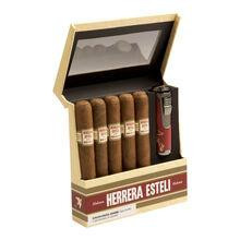 Drew Estate Herrera Esteli Habano Cigar Sampler 5Ct. Box, open wooden cigar box with five cigars and a cigar cutter inside.