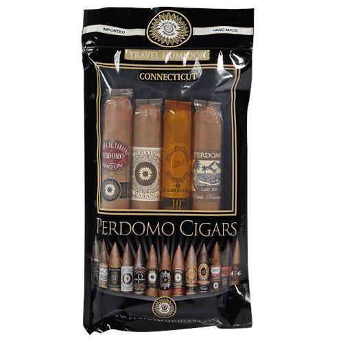 Perdomo 4 Pack Connecticut Humidified Cigar Sampler, a pack of four cigars with Connecticut wrapper in a clear plastic bag with branding and cigar images.
