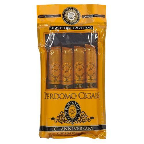 Perdomo 4 Pack Champagne Humidified Cigars Sampler, premium cigars in a yellow package with black and gold accents, showcasing four cigars inside for a luxurious smoking experience.