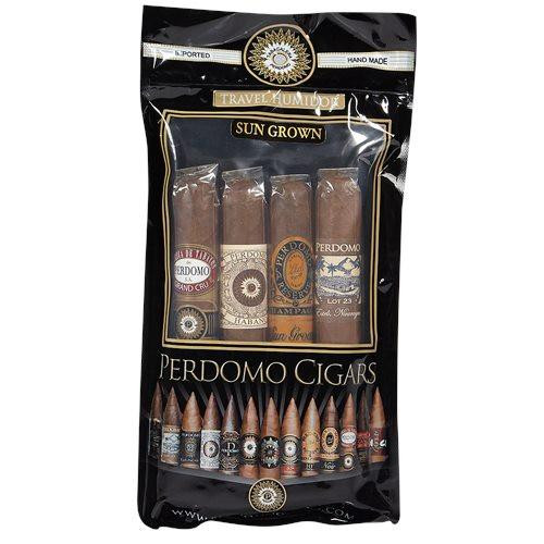 Perdomo 4 Pack SunGrown Humidified Cigar Sampler, set of four cigars in a black packaging with transparent windows showcasing the cigars and detailed labels.
