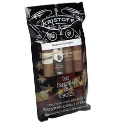 Kristoff Natural Sampler 4 Cigars, package with four cigars displayed inside, featuring branding and decorative elements.