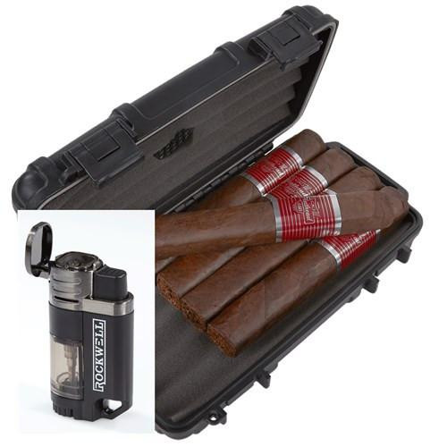 CAO Flathead 5-Cigar Sampler Humidor Combo, black humidor case with five cigars inside and a portable mini lighter outside.