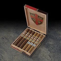 Ave Maria Toro Sampler 6 Cigars, opened wooden cigar box containing six cigars with shield logo on the inside lid