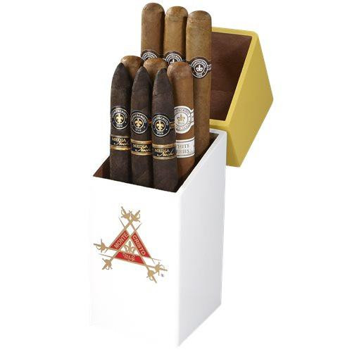 Montecristo Upright Sampler 9 Cigar, packaged in a white and yellow box with Montecristo logo, displaying a variety of nine different cigars inside.