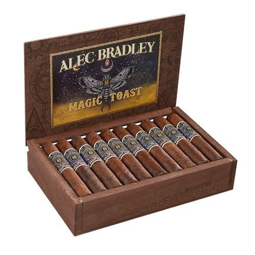 Alec Bradley Magic Toast Toro 20Ct. Box, a wooden box containing 20 cigars with blue and gold bands, opened to display the cigars inside.