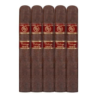 Rocky Patel Vintage 1990 Robusto 5 Ct. Cigar Sampler, image of five cigars with red and gold bands displaying the Rocky Patel logo and vintage 1990 label.