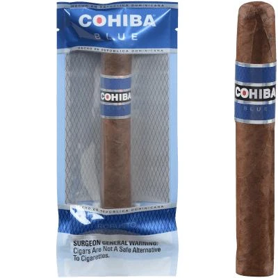 Cohiba Blue Cigars Freshness Pack Robusto 6 Ct. box, displaying a single cigar with blue band in front of the box packaging.