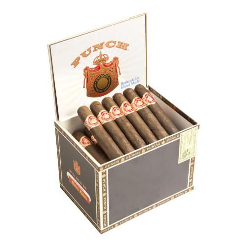 Punch Rothschilld Cigars Robusto Oscuro 50Ct. Box, a black cigar box with gold accents open to reveal cigars with dark brown wrappers and red and white bands.