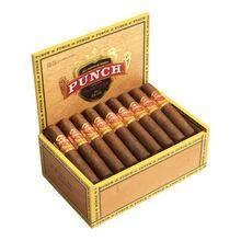Punch Gran Puro Santa Rita Rothschild Cigars 25Ct. Box, unopened box of cigars with yellow and red design, showcasing neatly arranged cigars inside