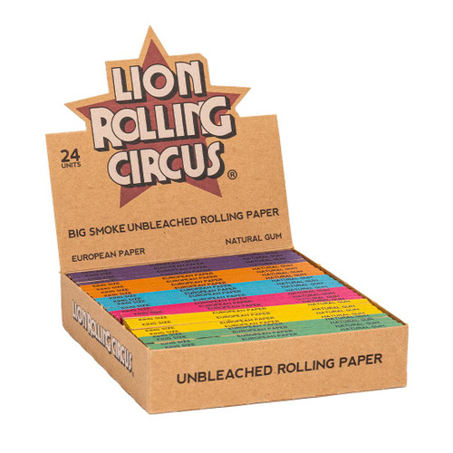 Lion Rolling Circus Unbleached Rolling Papers King Size, open display box with colorful individual sheets, natural gum, European paper, big smoke unbleached rolling paper.